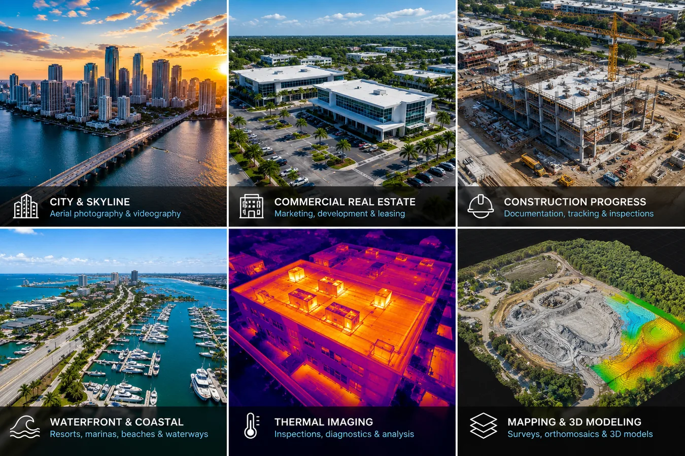 Examples of aerial imaging work including skyline, real estate, construction, waterfront, thermal, and mapping projects